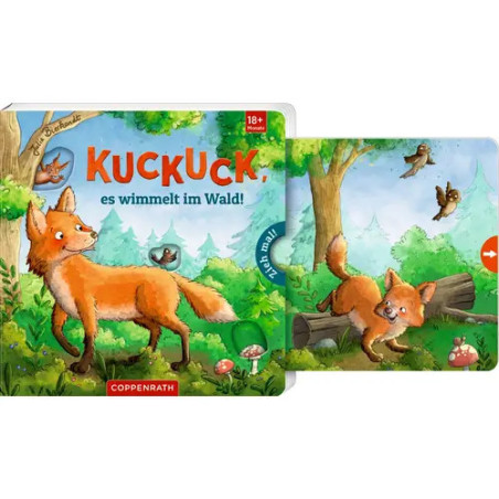 Kinderbuch Kuckuck, es wimmelt im Wald! mit illustriertem Fuchs und weiteren Waldtieren auf dem Cover.