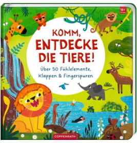 Buntes deutsches Kinderbuch mit verschiedenen Tieren auf dem Cover, Titel: Komm, entdecke die Tiere!.