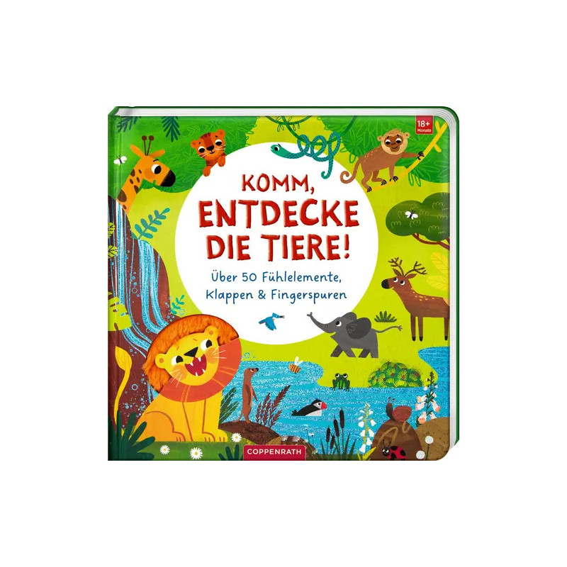 Buntes deutsches Kinderbuch mit verschiedenen Tieren auf dem Cover, Titel: Komm, entdecke die Tiere!.