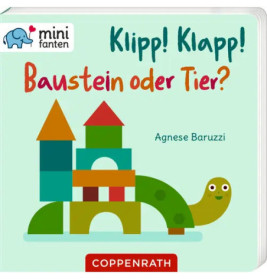 Kinderbuchcover mit bunten Bauklötzen als Form, lächelnder Schildkröte und dem Titel Baustein oder Tier?.