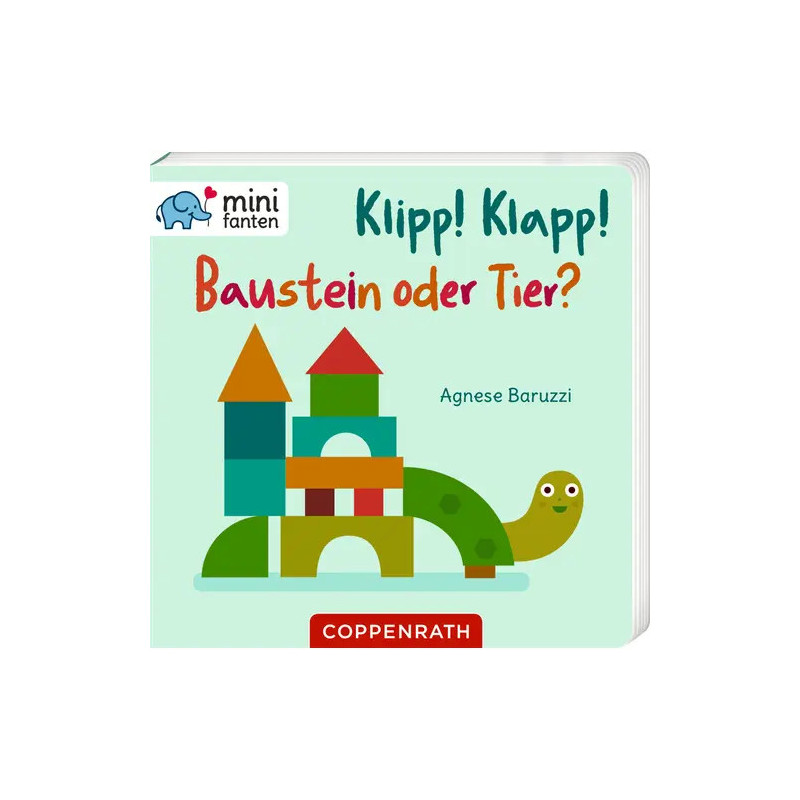 Kinderbuchcover mit bunten Bauklötzen als Form, lächelnder Schildkröte und dem Titel Baustein oder Tier?.