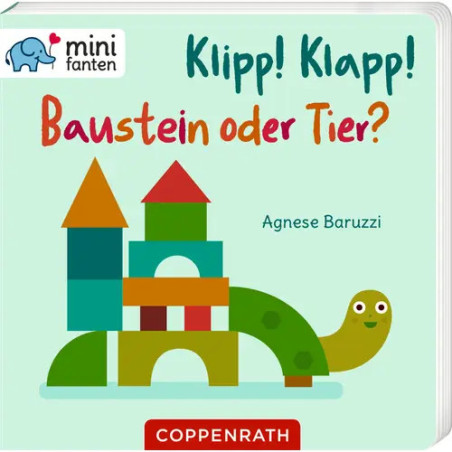 Kinderbuchcover mit bunten Bauklötzen als Form, lächelnder Schildkröte und dem Titel Baustein oder Tier?.