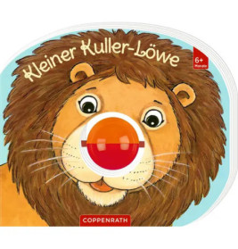 Gezeichnetes Löwengesicht mit roter Spielzeugnase auf dem Cover eines Kinderbuchs: Kleiner Kuller-Löwe.