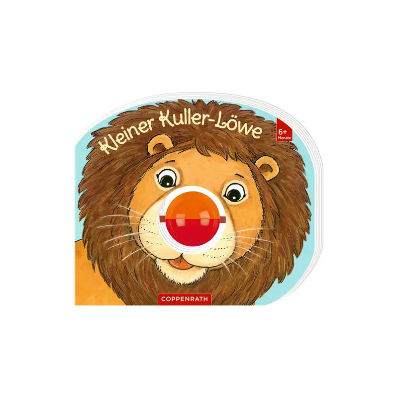 Gezeichnetes Löwengesicht mit roter Spielzeugnase auf dem Cover eines Kinderbuchs: Kleiner Kuller-Löwe.