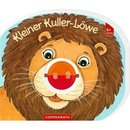Gezeichnetes Löwengesicht mit roter Spielzeugnase auf dem Cover eines Kinderbuchs: Kleiner Kuller-Löwe.