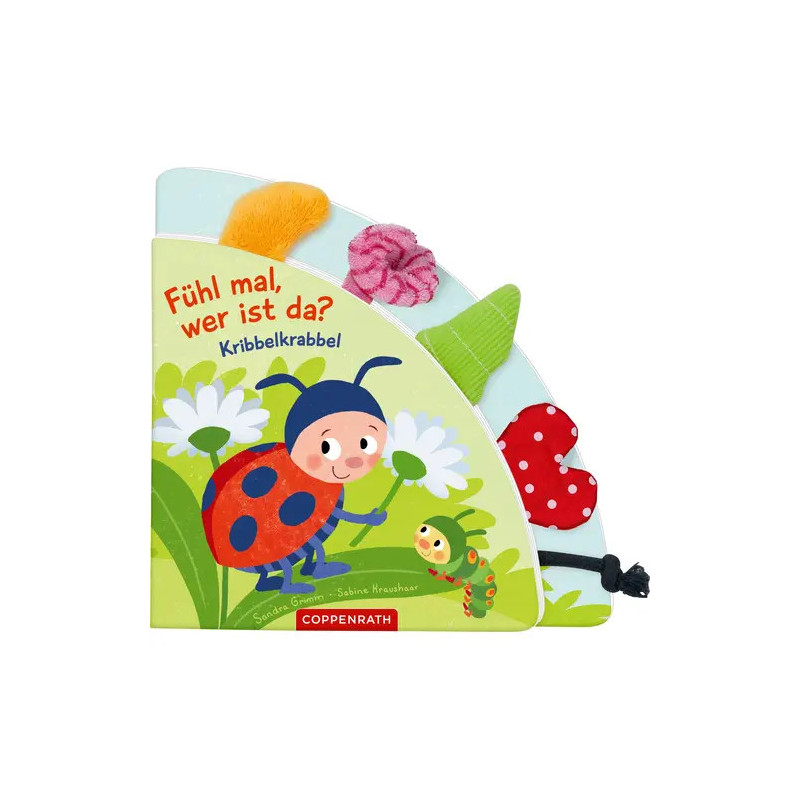 Farbenfrohes deutsches Fühlbuch für Kinder mit Marienkäfer, Blumen und Stofflaschen.