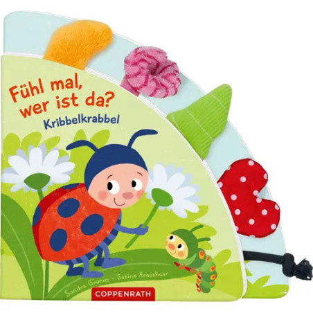 Farbenfrohes deutsches Fühlbuch für Kinder mit Marienkäfer, Blumen und Stofflaschen.