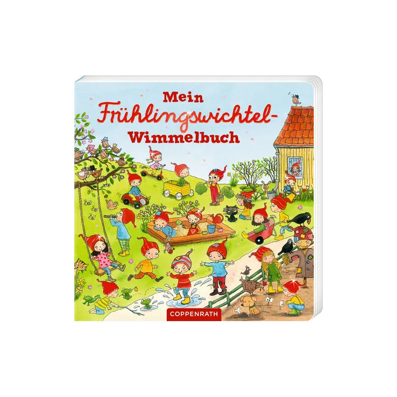 Buntes Kinderbuchcover: Verspielte Wichtel im lebhaften Frühlingsgarten, Titel Mein Frühlingswichtel-Wimmelbuch.