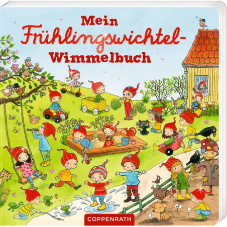 Buntes Kinderbuchcover: Verspielte Wichtel im lebhaften Frühlingsgarten, Titel Mein Frühlingswichtel-Wimmelbuch.