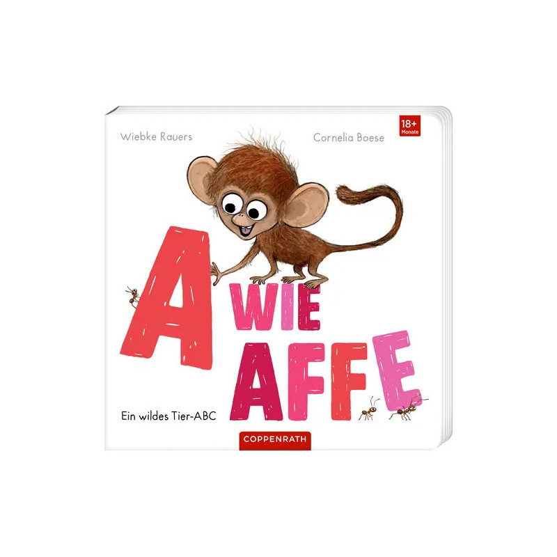 Kinderbuchcover mit Cartoon-Affe und großen Buchstaben A wie Affe auf weißem Hintergrund.