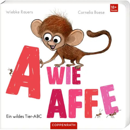 Kinderbuchcover mit Cartoon-Affe und großen Buchstaben A wie Affe auf weißem Hintergrund.