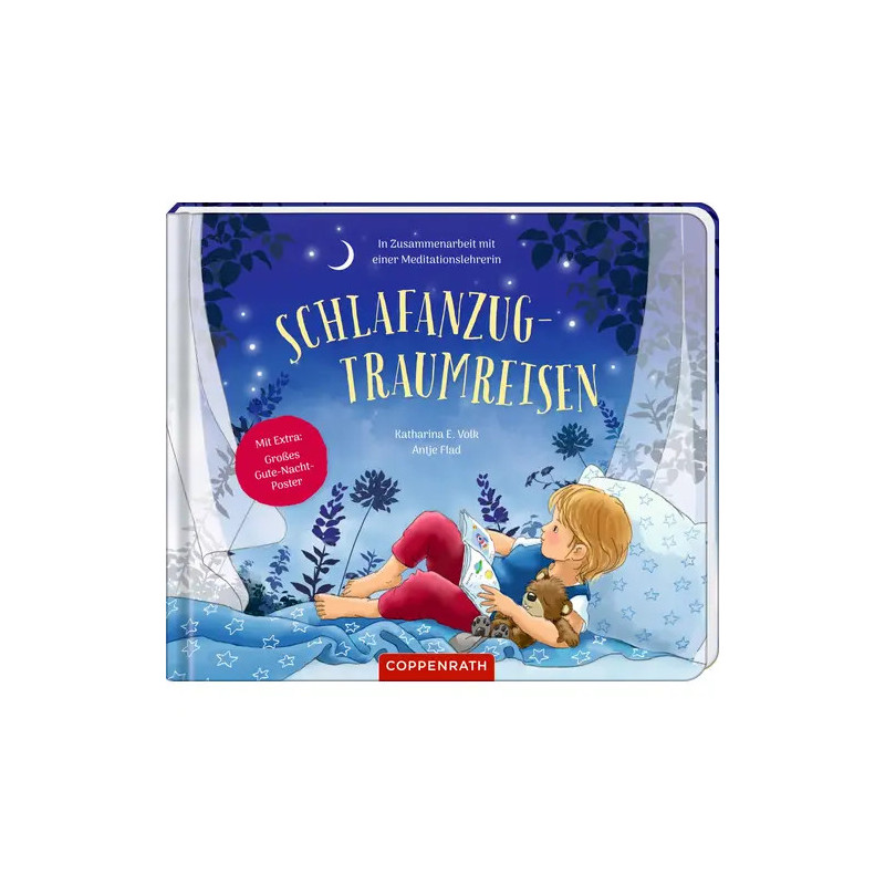 Ein Kind liest auf einem Kissen unter Sternenhimmel auf dem Cover von Schlafanzug-Traumreisen.