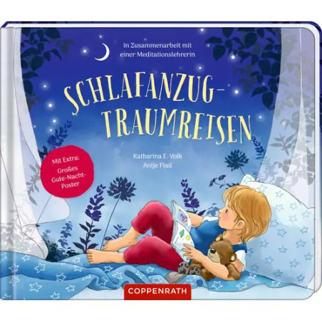 Ein Kind liest auf einem Kissen unter Sternenhimmel auf dem Cover von Schlafanzug-Traumreisen.