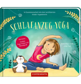 Cover eines Kinderbuchs: Ein Mädchen und ein Spielzeughase machen Yoga, Titel Schlafanzug-Yoga auf türkisem Hintergrund.