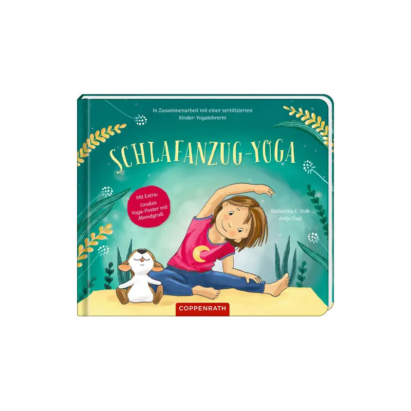 Cover eines Kinderbuchs: Ein Mädchen und ein Spielzeughase machen Yoga, Titel Schlafanzug-Yoga auf türkisem Hintergrund.