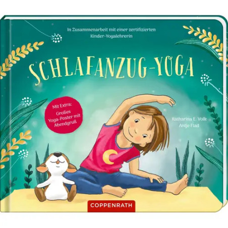 Cover eines Kinderbuchs: Ein Mädchen und ein Spielzeughase machen Yoga, Titel Schlafanzug-Yoga auf türkisem Hintergrund.