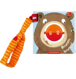 Kinderbuch mit Bären-Gesicht auf dem Cover und angenähtem orange-gestreiftem Stoffband.