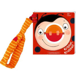 Rotes Babybuch mit lächelndem Gesicht und orange-gestreiftem Stoffband.