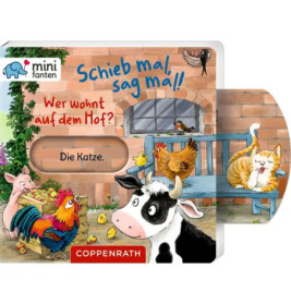 Kinderbuchcover mit Kuh, Hahn, Hühnern, Schwein und Mädchen auf einer Bank Titel und Text auf Deutsch.