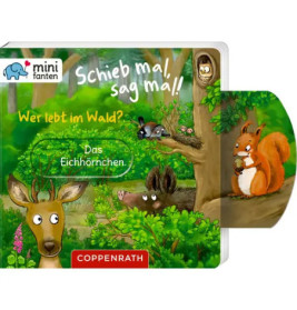 Kinderbuchcover mit illustriertem Hirsch, Wildschwein, Eichhörnchen und Wald deutscher Titel.