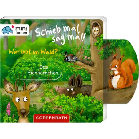 Kinderbuchcover mit illustriertem Hirsch, Wildschwein, Eichhörnchen und Wald deutscher Titel.