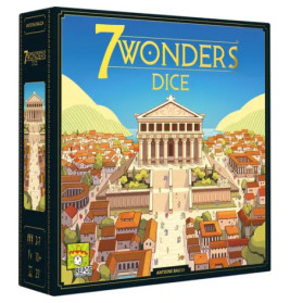 Schachtel des 7 Wonders Dice Brettspiels mit abgebildeter antiker Stadt und großem Tempel auf dem Cover.