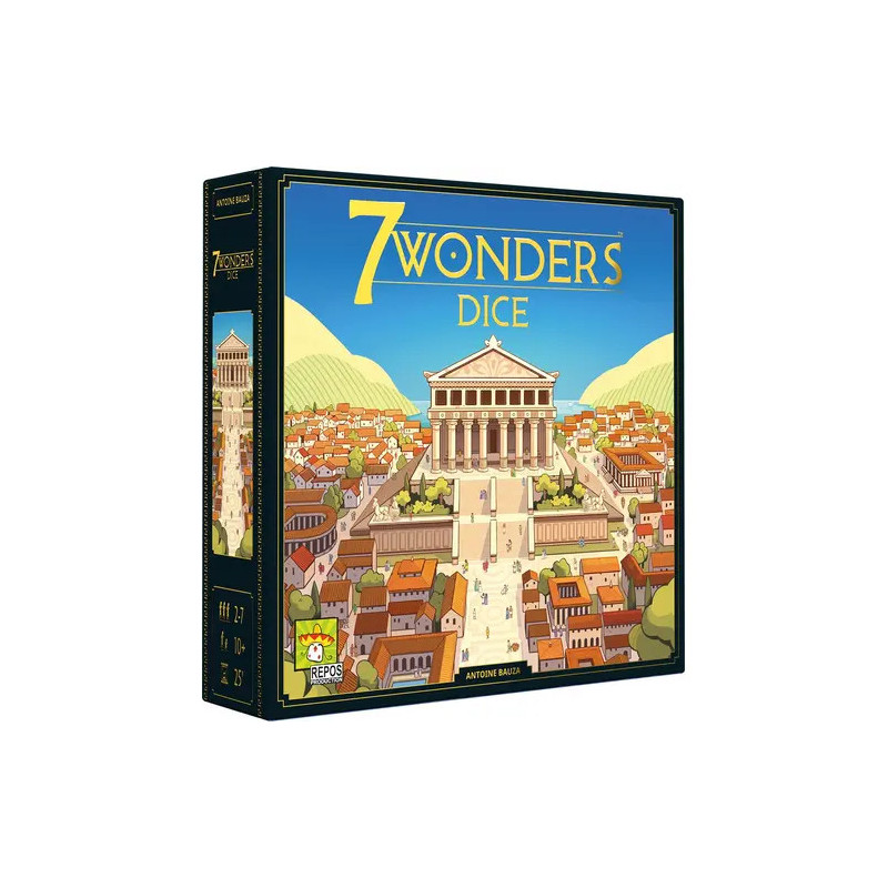 Schachtel des 7 Wonders Dice Brettspiels mit abgebildeter antiker Stadt und großem Tempel auf dem Cover.