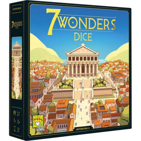 Schachtel des 7 Wonders Dice Brettspiels mit abgebildeter antiker Stadt und großem Tempel auf dem Cover.