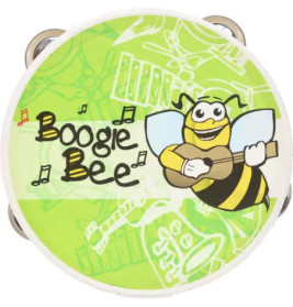 Grünes Tamburin mit Comic-Biene, die Gitarre spielt, und dem Schriftzug Boogie Bee auf der Vorderseite.