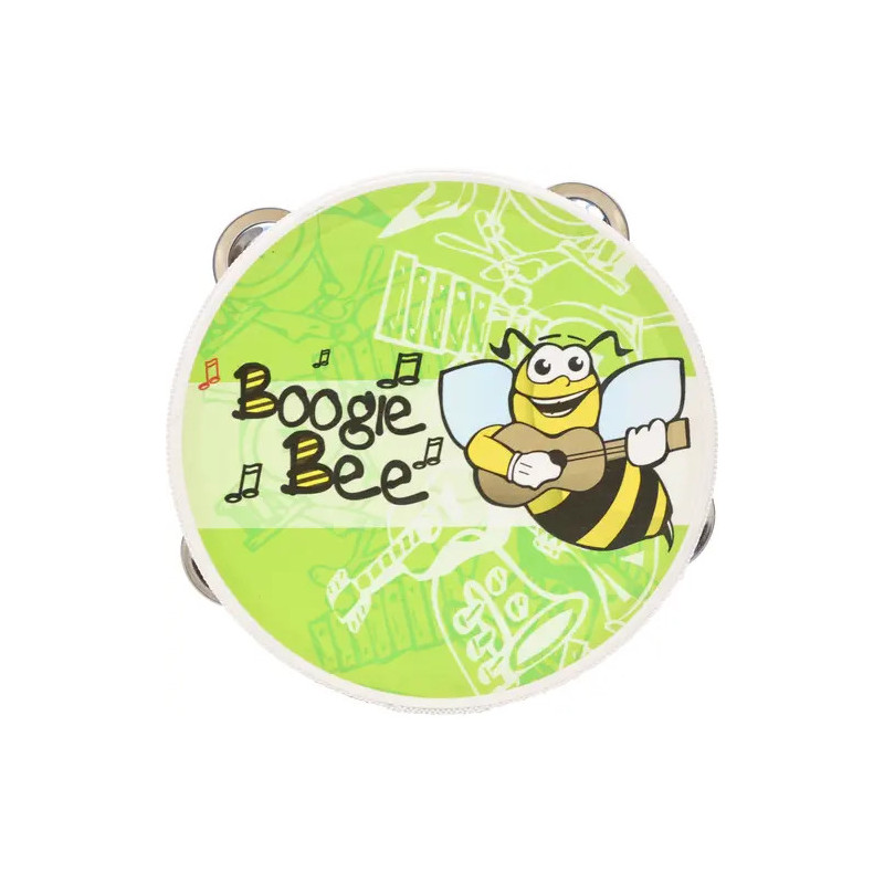 Grünes Tamburin mit Comic-Biene, die Gitarre spielt, und dem Schriftzug Boogie Bee auf der Vorderseite.