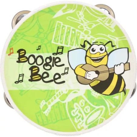 Grünes Tamburin mit Comic-Biene, die Gitarre spielt, und dem Schriftzug Boogie Bee auf der Vorderseite.