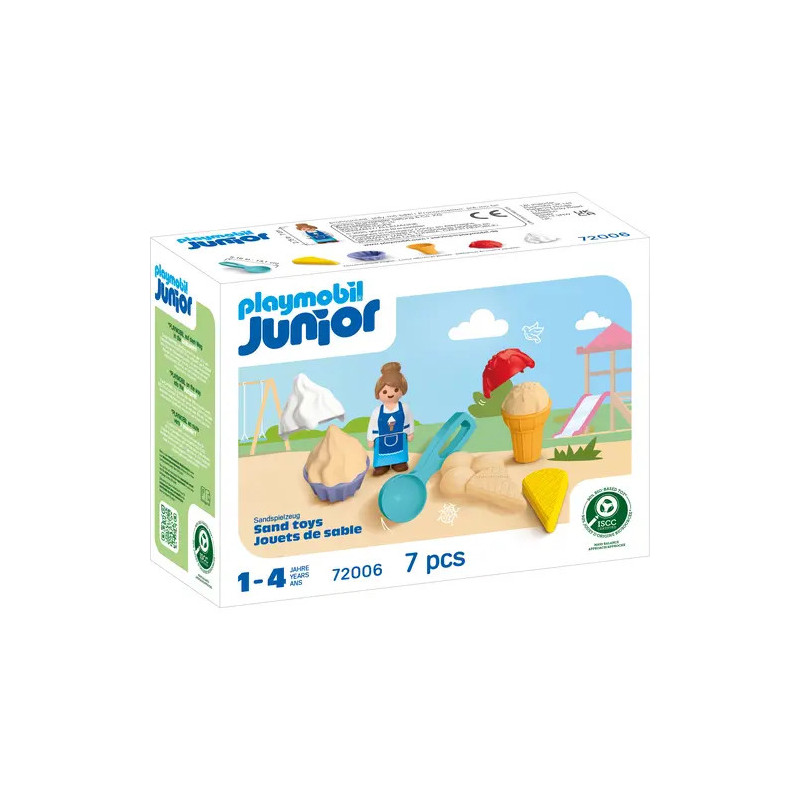 Playmobil Junior Sandspielset, Box mit 7 Teilen: Figur, Eis und Sandspielzeug.