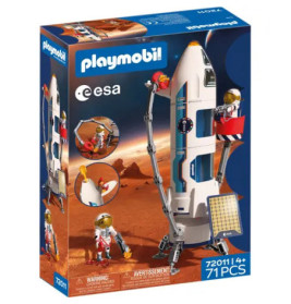 Playmobil ESA Mars-Expedition Rakete mit Astronauten, Marslandschaft und 71 Teilen auf der Verpackung abgebildet.