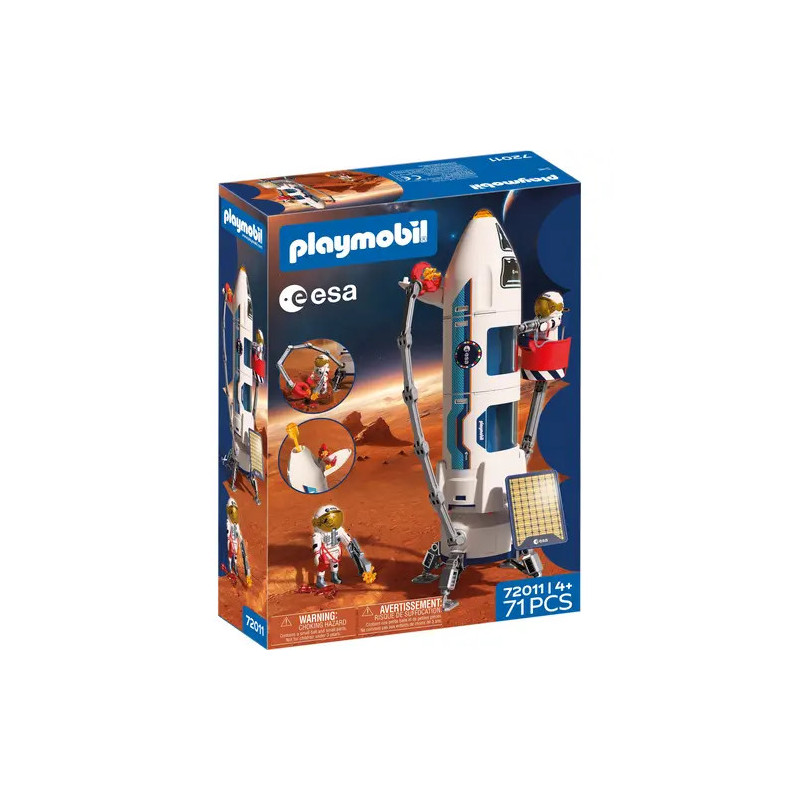 Playmobil ESA Mars-Expedition Rakete mit Astronauten, Marslandschaft und 71 Teilen auf der Verpackung abgebildet.