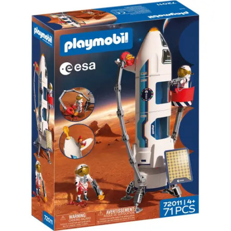 Playmobil ESA Mars-Expedition Rakete mit Astronauten, Marslandschaft und 71 Teilen auf der Verpackung abgebildet.