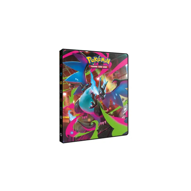 Pokémon-Sammelordner mit farbenfrohem Mega-Charizard-X-Motiv in Aktion auf dem Cover.