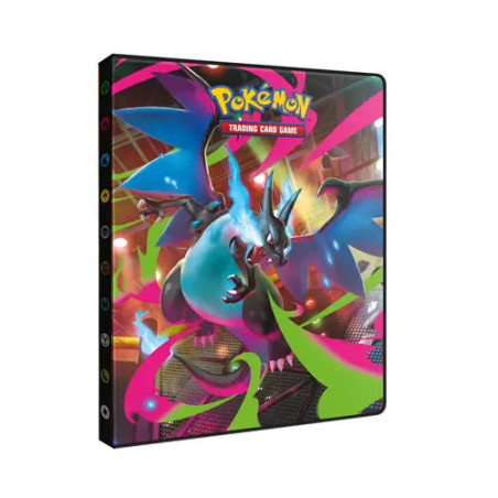 Pokémon-Sammelordner mit farbenfrohem Mega-Charizard-X-Motiv in Aktion auf dem Cover.