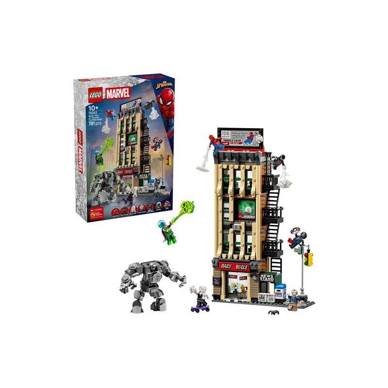 LEGO Marvel Daily Bugle Set mit Schachtel, Gebäude, Minifiguren und Zubehör aufgestellt.