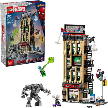 LEGO Marvel Daily Bugle Set mit Schachtel, Gebäude, Minifiguren und Zubehör aufgestellt.