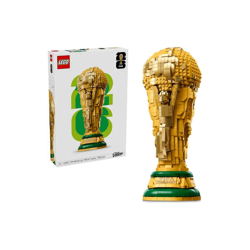 LEGO-Set des FIFA-Weltmeister-Pokals, die Verpackung ist im Hintergrund zu sehen.