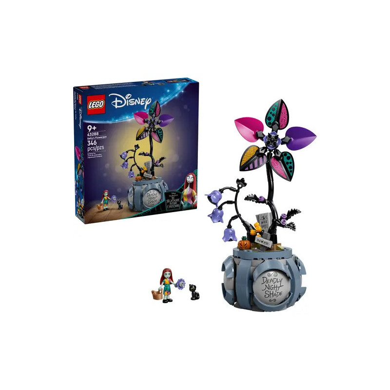 LEGO Disney Set mit großer lila Blume, kleinen Figuren und Verpackung mit Aufschrift Deadly Night Shade.