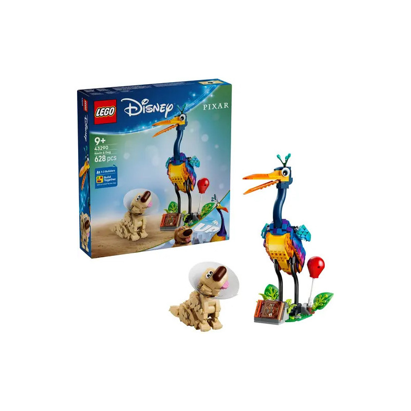 LEGO Disney Pixar Set mit Vogel Kevin und Hund Dug aus Oben, die Verpackung ist im Hintergrund zu sehen.
