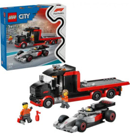 LEGO City Set mit LKW, Rennwagen, zwei Minifiguren, Zubehör und Verpackung im Hintergrund.