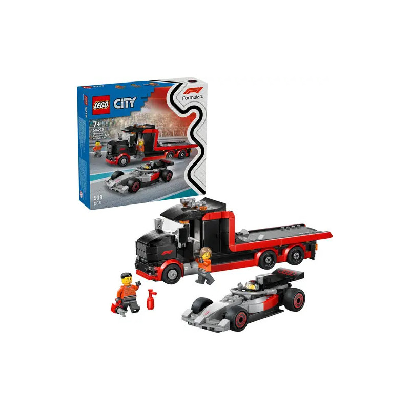 LEGO City Set mit LKW, Rennwagen, zwei Minifiguren, Zubehör und Verpackung im Hintergrund.