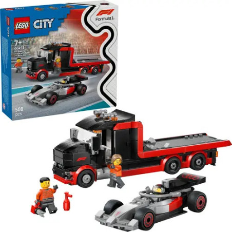 LEGO City Set mit LKW, Rennwagen, zwei Minifiguren, Zubehör und Verpackung im Hintergrund.