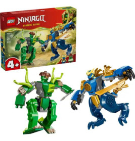 LEGO Ninjago Set mit zwei bunten Drachen-Mechs und Verpackung im Hintergrund.