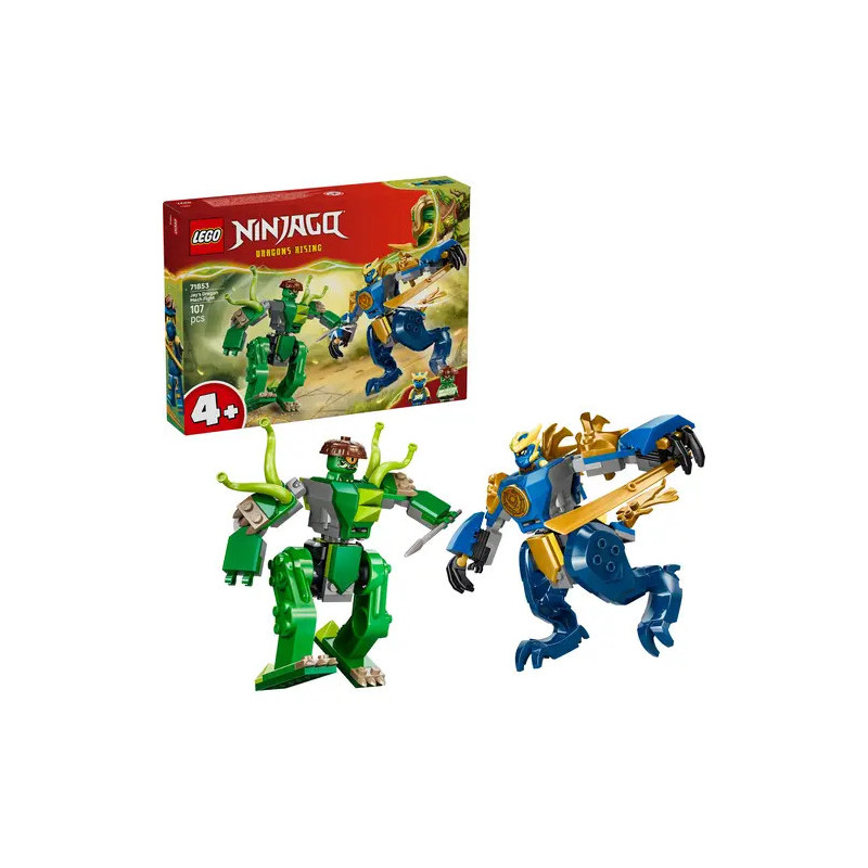 LEGO Ninjago Set mit zwei bunten Drachen-Mechs und Verpackung im Hintergrund.