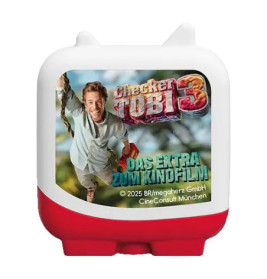 Kleine, weiß-rote Spielzeugkapsel mit Checker-Tobi-Film-Motiv und deutschem Text auf der Vorderseite.