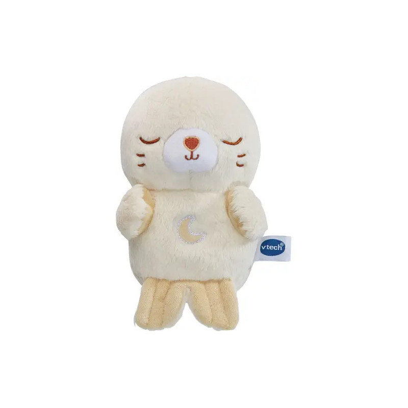 Plüsch-Babysrobbe mit geschlossenen Augen, Mondsichel am Bauch und VTech-Label an der Seite.