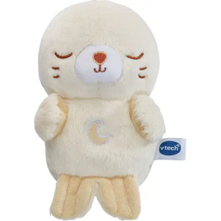 Plüsch-Babysrobbe mit geschlossenen Augen, Mondsichel am Bauch und VTech-Label an der Seite.